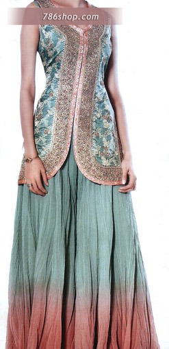  Turquoise Jamawar Zarri Lehnga | Pakistani Party Wear Dresses USA- Image 1