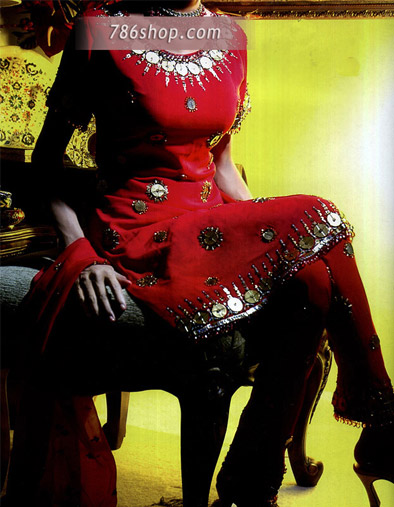  Red Chiffon Trouser Suit | Pakistani Party Wear Dresses USA- Image 1