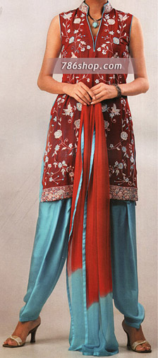  Maroon/Turquoise Silk Suit | Pakistani Party Wear Dresses USA- Image 1