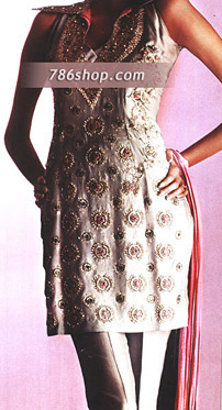  Silver Silk Trouser Suit | Pakistani Party Wear Dresses- Image 1