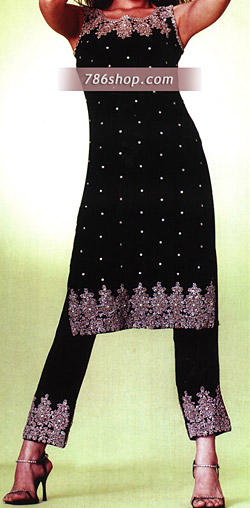  Black Chiffon Trouser Suit | Pakistani Party Wear Dresses- Image 1