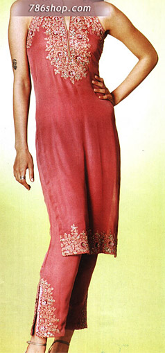  Rust Chiffon Trouser Suit | Pakistani Party Wear Dresses- Image 1