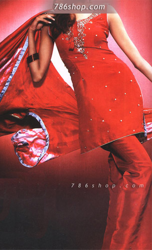  Red Silk Trouser Suit | Pakistani Party Wear Dresses- Image 1