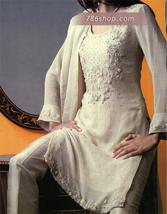  Off-White Chiffon Trouser Suit | Pakistani Party Wear Dresses USA- Image 1