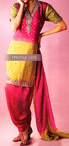  Hot Pink/Yellow Chiffon Suit | Pakistani Party Wear Dresses- Image 1
