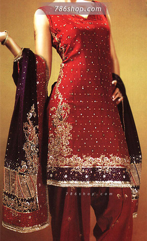  Deep Red Karandi Chiffon Suit | Pakistani Party Wear Dresses- Image 1