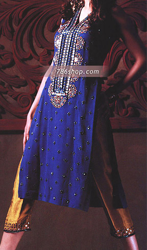  Blue/Golden Chiffon Trouser Suit | Pakistani Party Wear Dresses- Image 1