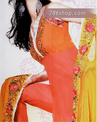  Orange/Pink Chiffon Trouser Suit | Pakistani Party Wear Dresses USA- Image 1