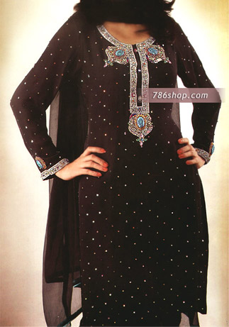  Black Chiffon Trouser Suit | Pakistani Party Wear Dresses- Image 1