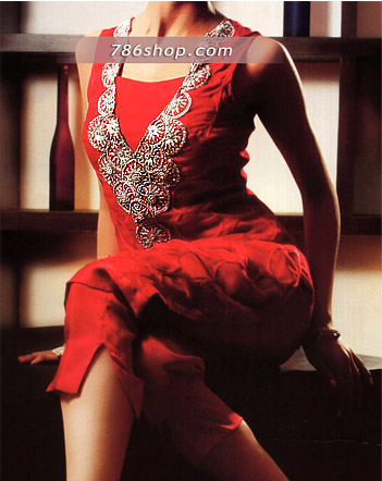  Red Pure Silk Suit | Pakistani Party Wear Dresses- Image 1