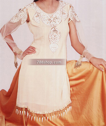  Off-White/Golden Chiffon Lehnga | Pakistani Party Wear Dresses- Image 1