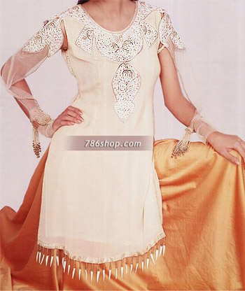  Off-White/Golden Chiffon Lehnga | Pakistani Party Wear Dresses USA- Image 1