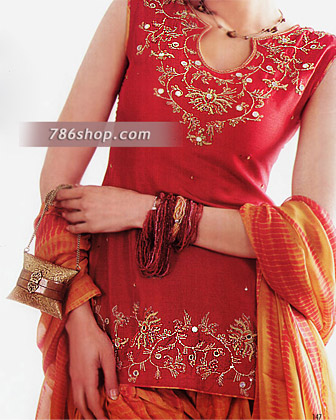 Red/Orange Silk Suit | Pakistani Party Wear Dresses USA- Image 1