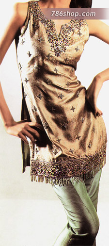  Golden/Light Green Jamawar Suit | Pakistani Party Wear Dresses USA- Image 1