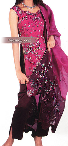  Hot Pink/Maroon Chiffon Suit | Pakistani Party Wear Dresses- Image 1