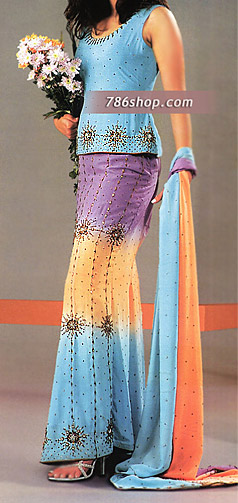  Sky Blue/Purple/Yellow Silk Lehnga | Pakistani Party Wear Dresses USA- Image 1
