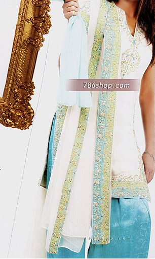 White/Turquoise Chiffon Suit | Pakistani Party Wear Dresses- Image 1