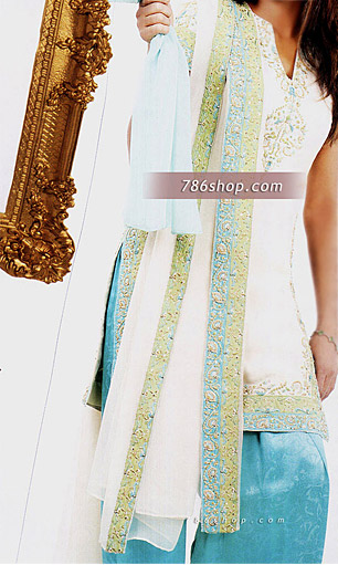  White/Turquoise Chiffon Suit | Pakistani Party Wear Dresses USA- Image 1