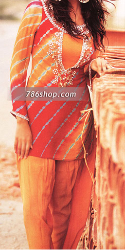  Orange/Mustard Chiffon Suit | Pakistani Party Wear Dresses USA- Image 1
