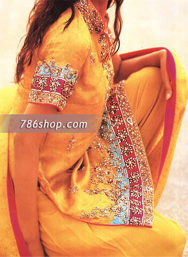  Yellow Jamawar Silk Suit | Pakistani Party Wear Dresses- Image 1