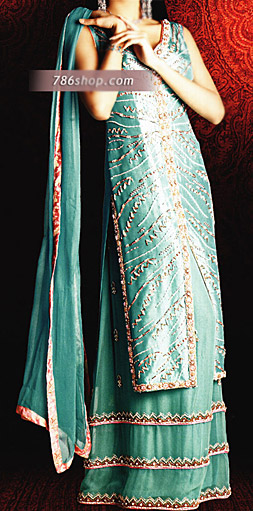  Turquoise Silk Lehnga | Pakistani Party Wear Dresses- Image 1