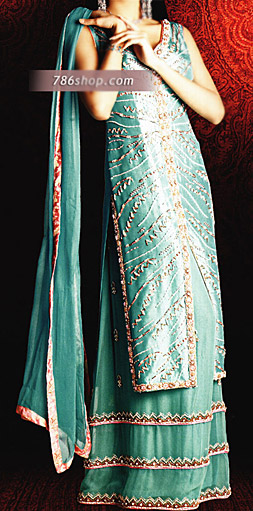  Turquoise Silk Lehnga | Pakistani Party Wear Dresses USA- Image 1