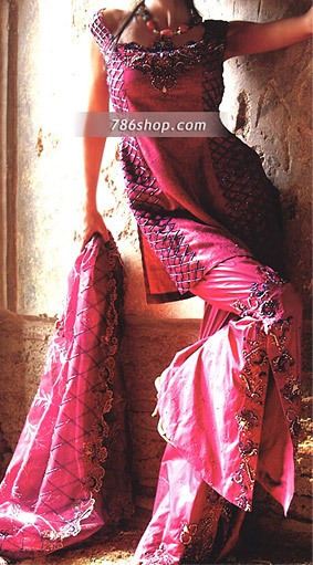  Hot Pink Silk Suit | Pakistani Party Wear Dresses- Image 1