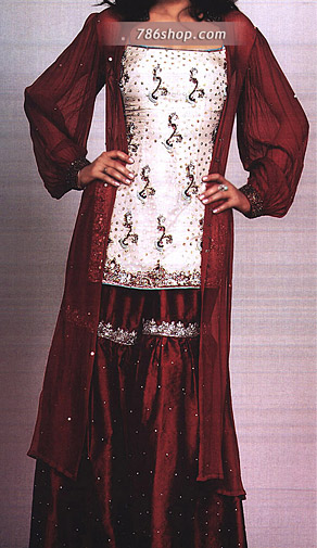  Off-White/Maroon Silk Gharara | Pakistani Party Wear Dresses- Image 1