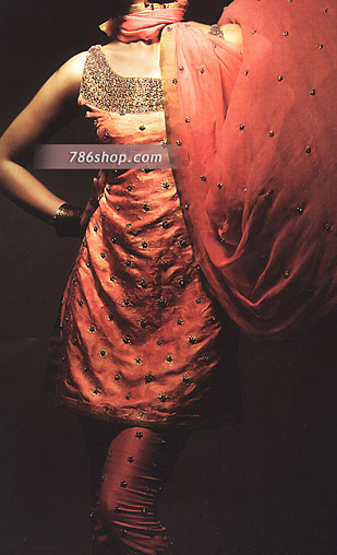  Rust Jamawar Zarri Suit | Pakistani Party Wear Dresses USA- Image 1
