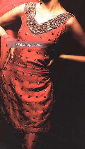  Red Silk Trouser Suit | Pakistani Party Wear Dresses USA- Image 1