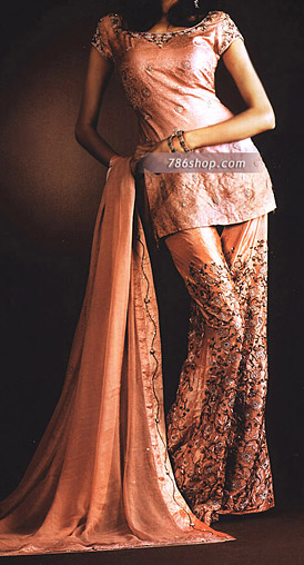  Peach Jamawar Trouser Suit | Pakistani Party Wear Dresses USA- Image 1