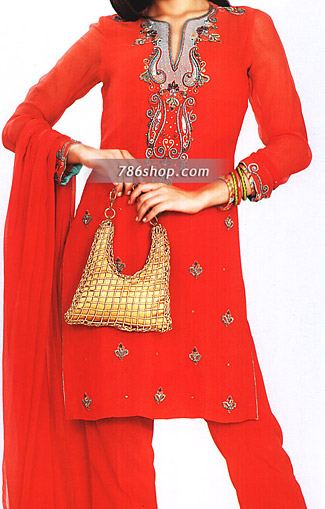  Red Chiffon Trouser Suit | Pakistani Party Wear Dresses- Image 1