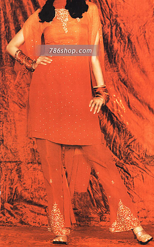  Red Chiffon Trouser Suit | Pakistani Party Wear Dresses- Image 1