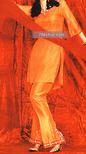  Orange Chiffon Trouser Suit | Pakistani Party Wear Dresses- Image 1