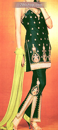  Bottle Green Silk Suit | Pakistani Party Wear Dresses USA- Image 1