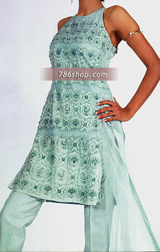  Light Sea Green Silk Suit | Pakistani Party Wear Dresses- Image 1