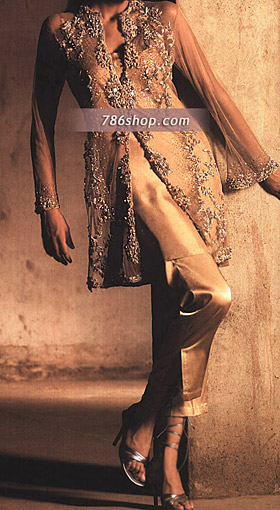 Golden Schmooze Silk Suit | Pakistani Party Wear Dresses
