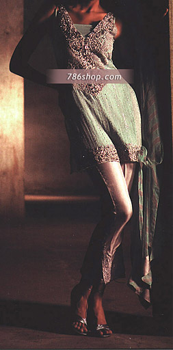  Sea Green/Silver Chiffon Suit | Pakistani Party Wear Dresses USA- Image 1