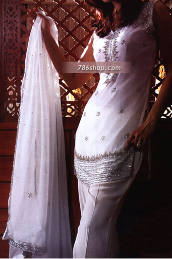  White Chiffon Trouser Suit | Pakistani Party Wear Dresses- Image 1
