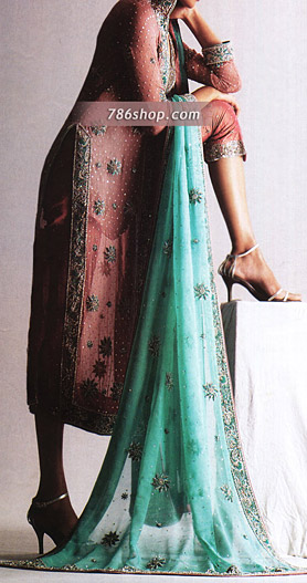  Tea Pink/Sea Green Chiffon Trouser Suit | Pakistani Party Wear Dresses USA- Image 1