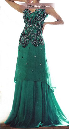  Green Chiffon Lehnga | Pakistani Party Wear Dresses- Image 1