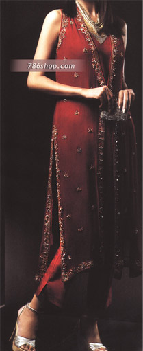  Maroon Chiffon Trouser Suit | Pakistani Party Wear Dresses USA- Image 1