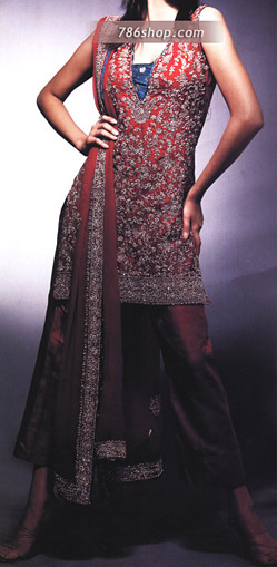  Maroon Silk Trouser Suit | Pakistani Party Wear Dresses USA- Image 1