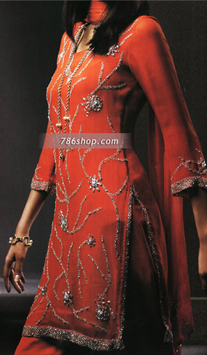  Red Chiffon Trouser Suit | Pakistani Party Wear Dresses- Image 1