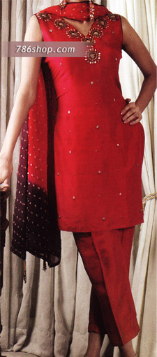  Red Silk Trouser Suit | Pakistani Party Wear Dresses- Image 1