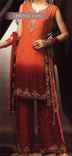  Orange/Maroon Chiffon Suit | Pakistani Party Wear Dresses- Image 1