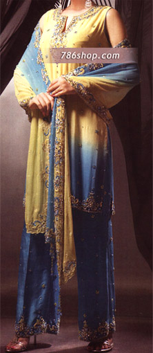  Yellow/Turquoise Chiffon Suit | Pakistani Party Wear Dresses- Image 1