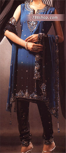  Blue/Dark Brown Chiffon Suit | Pakistani Party Wear Dresses USA- Image 1