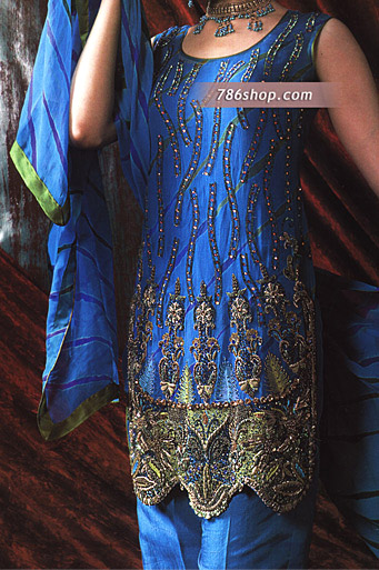  Turquoise Chiffon Suit | Pakistani Party Wear Dresses- Image 1