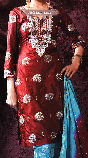  Red/Turquoise Silk Suit | Pakistani Party Wear Dresses- Image 1